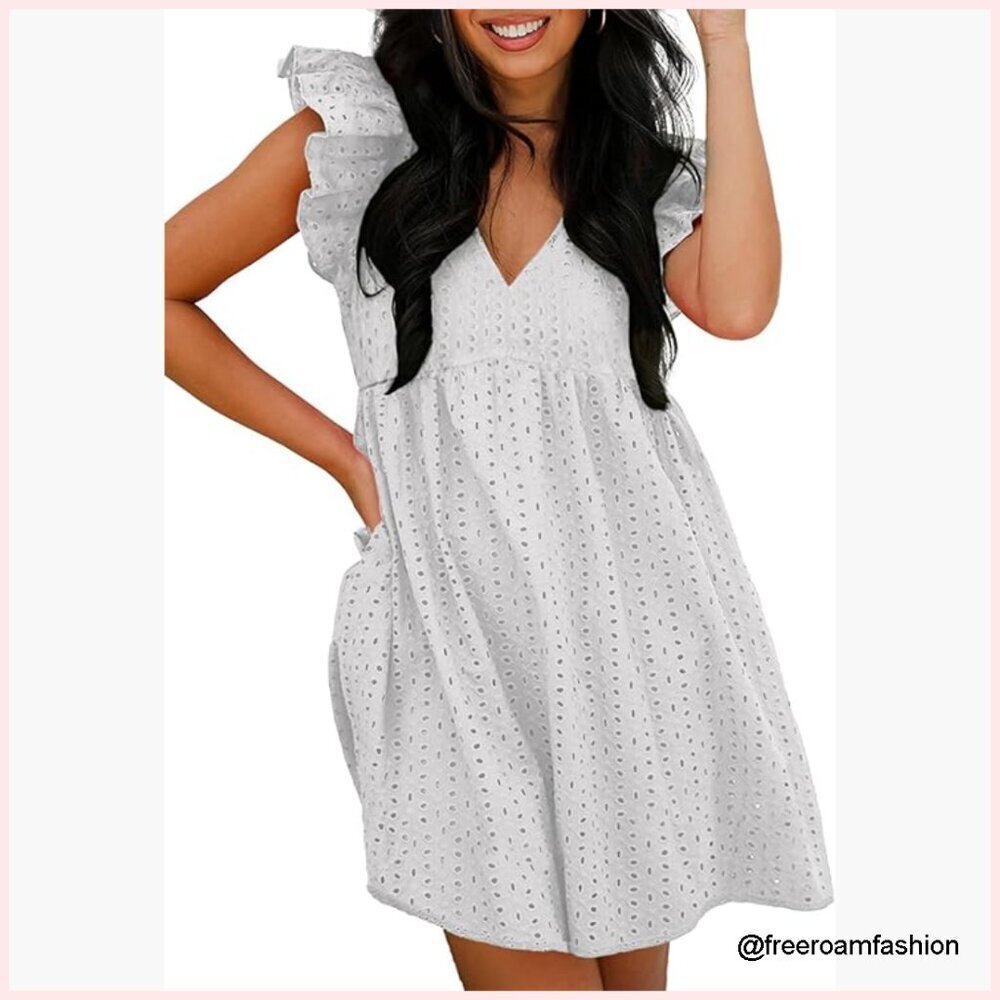 Cotton Mini Dress with V-Neck Ruffle Sleeves and Eyelet Lace